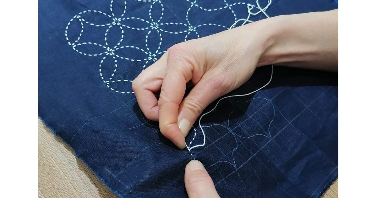 Cotton sashiko fabric with wash-out hemp leaf pattern, blue - SARTOR BOHEMIA