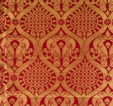 Brocade with birds in ogee pattern, handwoven silk with gold, crimson