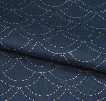 Cotton sashiko fabric with wash-out waves pattern, indigo blue