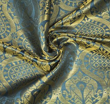Brocade with birds in ogee pattern, handwoven silk with gold, light blue