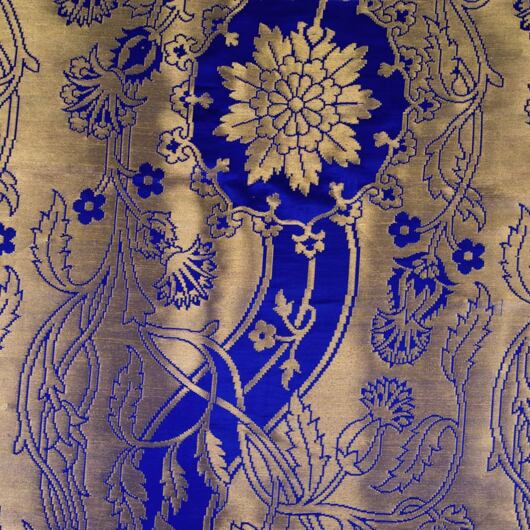 Cloth of gold from Memling's Triptych, handwoven silk with gold, royal blue