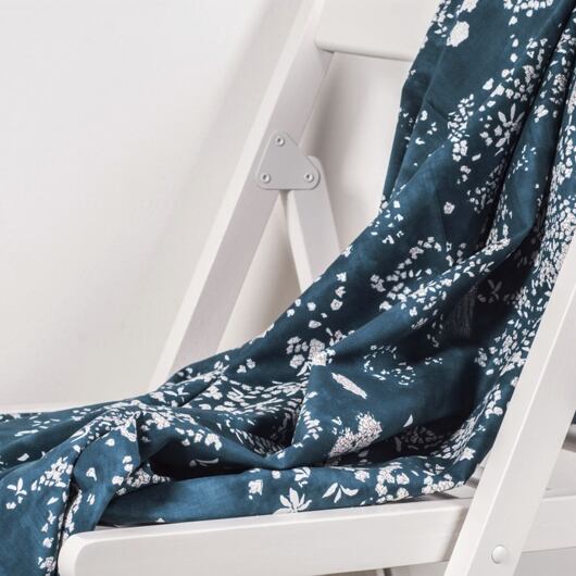 Japanese print fabric, silk blend serge, Lei Nani, petrol blue